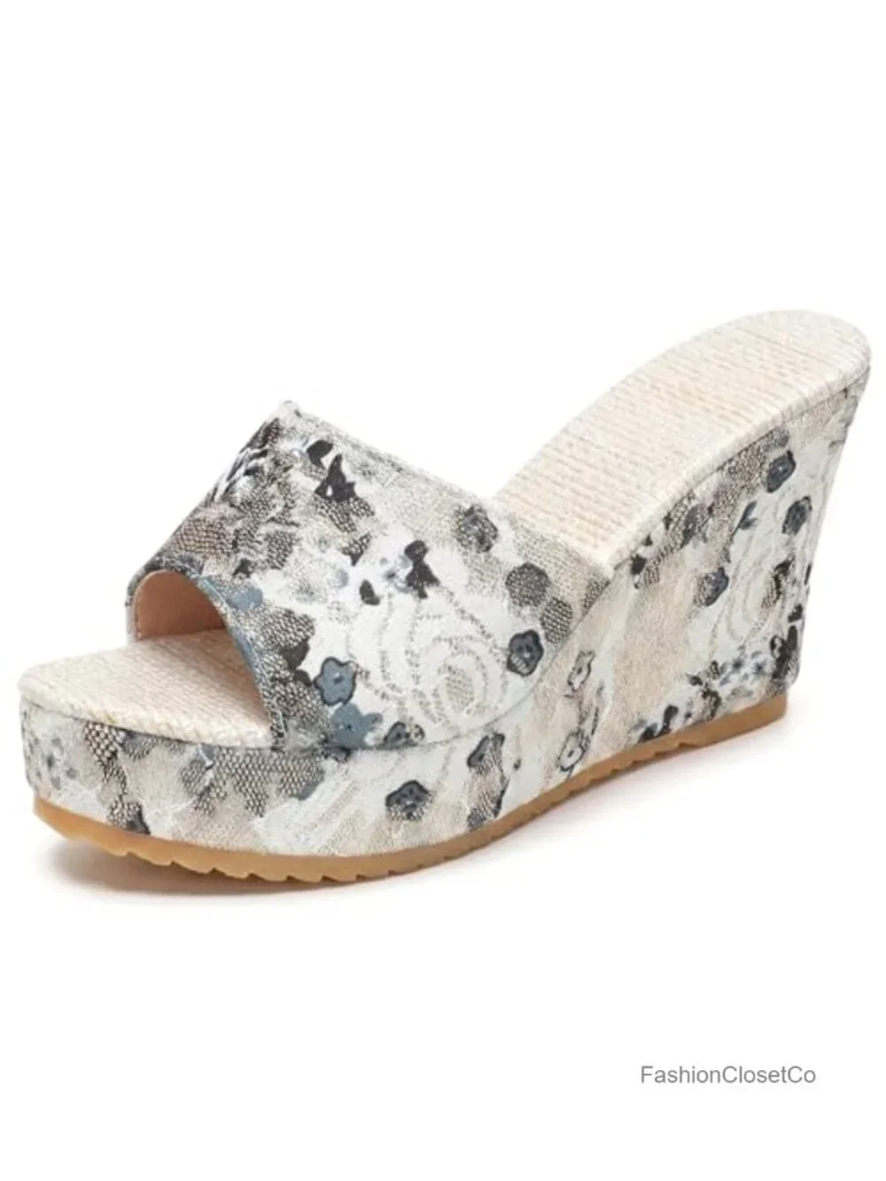 Faux Leather Embroidered Wedge Platform Peep-toe Slip On Sandals